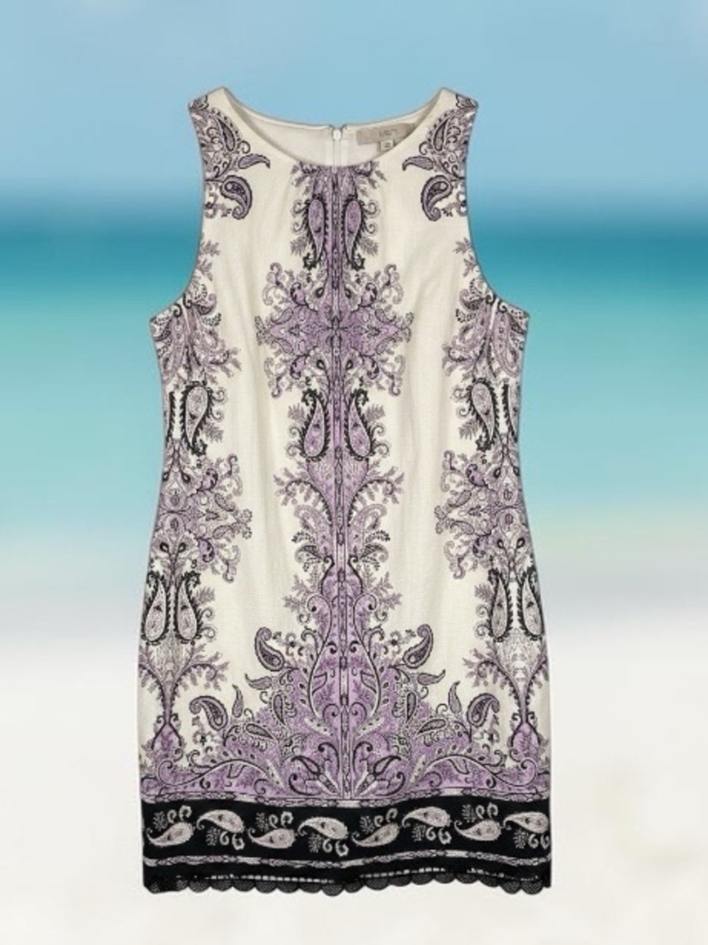 LOFT Ivory Sleeveless Midi Dress with Lavender and Black Paisley